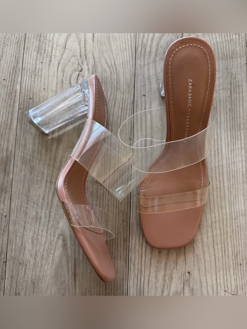 Zara clear block heel sandals in tan & pink